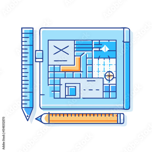 Architectural blueprint floor plan with scale ruler and pencil construction tools
