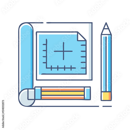 Technical Drawing and Blueprint Design Icon with a Pencil on White Background