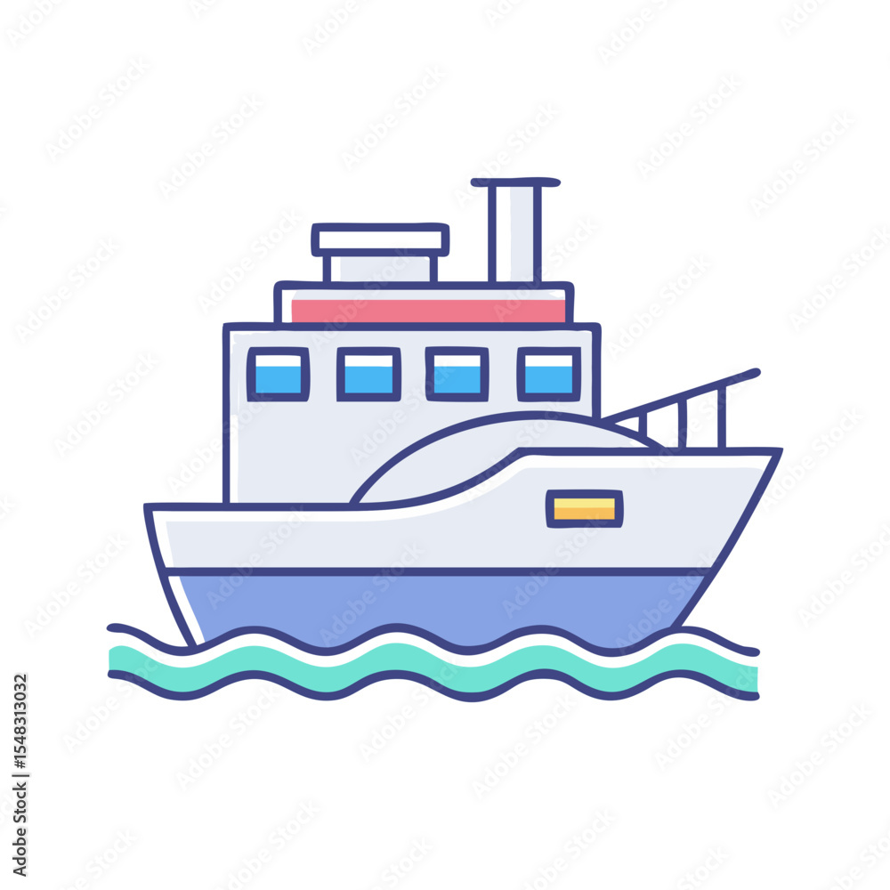 Obraz premium Cartoon Illustration of a Large Passenger Boat on Water with Waves