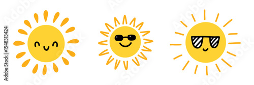 Cute sun collection. Happy cartoon characters. Summer hand drawn sunshine set for childish cards, invitations, posters, stickers. Yellow kids faces icons. Vector illustration