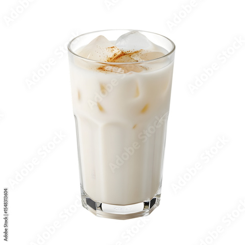 A refreshing glass of sweet, creamy Mexican Horchata rice milk drink with cinnamon on isolated transparent background, a classic agua fresca.
