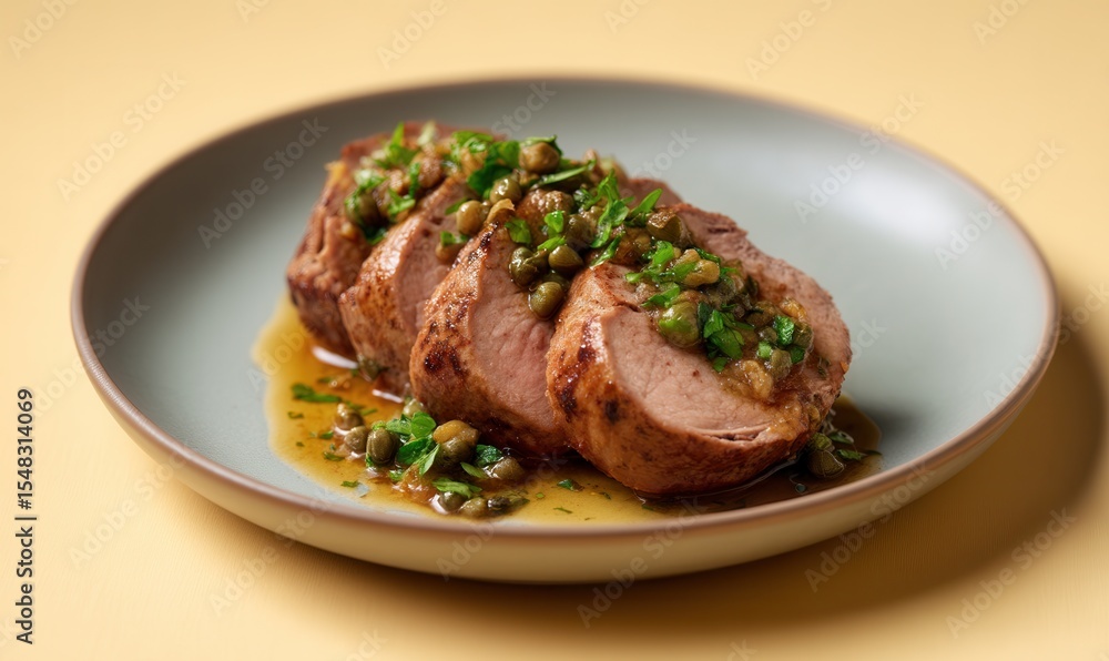 Sliced calves head served in a rich vinaigrette with capers on a warm gray plate, perfect for French rural celebrations and gourmet appreciation Sliced calves head served in a rich vinaigrette with capers on a warm gray plate, perfect for French rural celebrations and gourmet appreciation