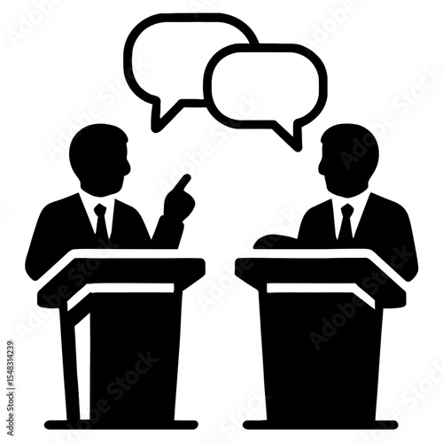 Black and White Debate Icon with Speakers and Speech Bubbles - Ideal for Communication and Discussion Themes