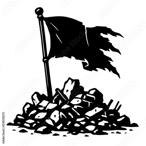 Evocative Black and White Tattered Flag on Rubble Pile Vector - Symbolizing Conflict, Destruction, and Resilience
