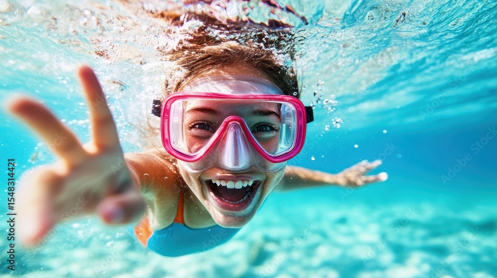 Fototapeta premium A cheerful snorkeler, wearing pink goggles, swims happily underwater in clear blue waters, showcasing the beauty of marine life and joy in exploration and adventure.