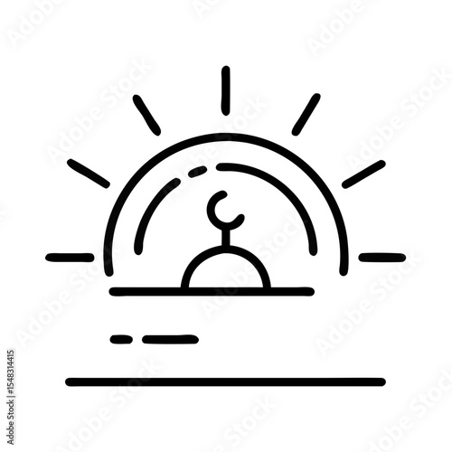 Sunrise behind a mosque silhouette with rays of light in the background  