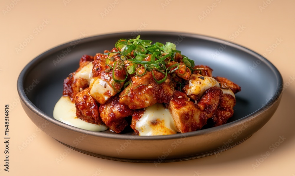 Delicious buldak features spicy grilled chicken with gochugaru sauce and melted cheese served on a steel plate against a pastel background perfect for spice lovers Delicious buldak features spicy grilled chicken with gochugaru sauce and melted cheese served on a steel plate against a pastel background perfect for spice lovers