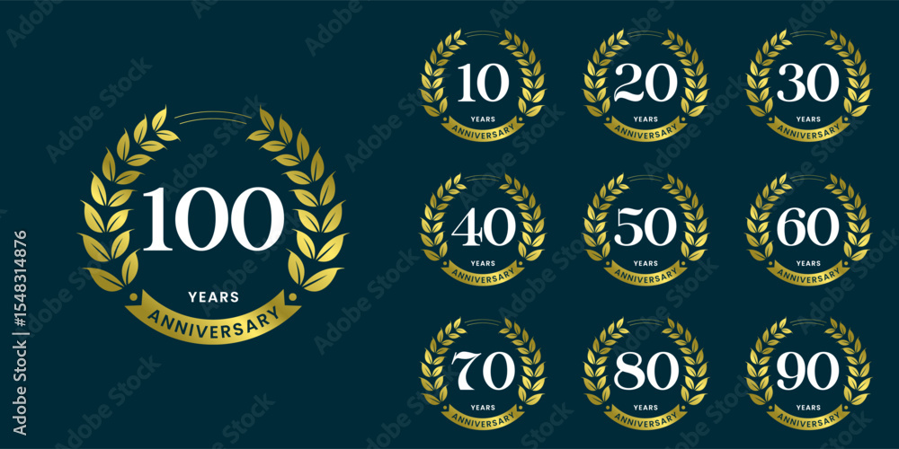 Obraz premium Set of vector icon or logo designs for 10th to 100th anniversary with laurel wreath, in gold color for celebrations, weddings and birthdays