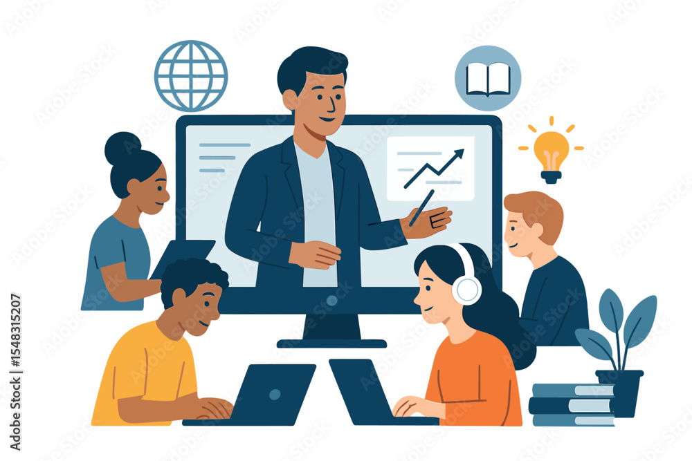 The concept of online education is represented by an e-learning vector, showcasing diverse students participating in a webinar or online course led by a teacher, symbolizing global distance learning The concept of online education is represented by an e-learning vector, showcasing diverse students participating in a webinar or online course led by a teacher, symbolizing global distance learning