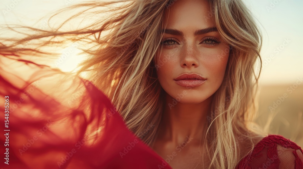 Fototapeta premium A stunning close-up portrait captures a woman with flowing hair against a golden sunset backdrop, evoking emotions of beauty, serenity, and the warm glow of the evening light.