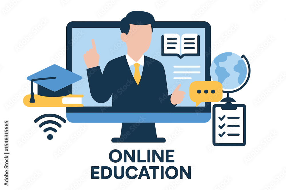 Vector illustration of online education and e-learning on a white background Vector illustration of online education and e-learning on a white background