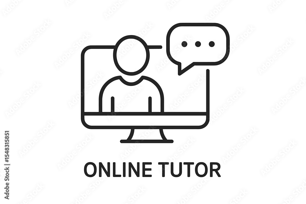 Icon of an online tutor featuring a person on a computer screen with a speech bubble, illustrated in a minimal outline style to symbolize virtual education and e-learning support Icon of an online tutor featuring a person on a computer screen with a speech bubble, illustrated in a minimal outline style to symbolize virtual education and e-learning support