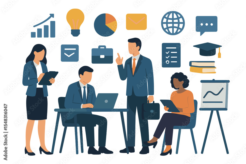 A diverse set of icons related to work and study represents business people working A diverse set of icons related to work and study represents business people working