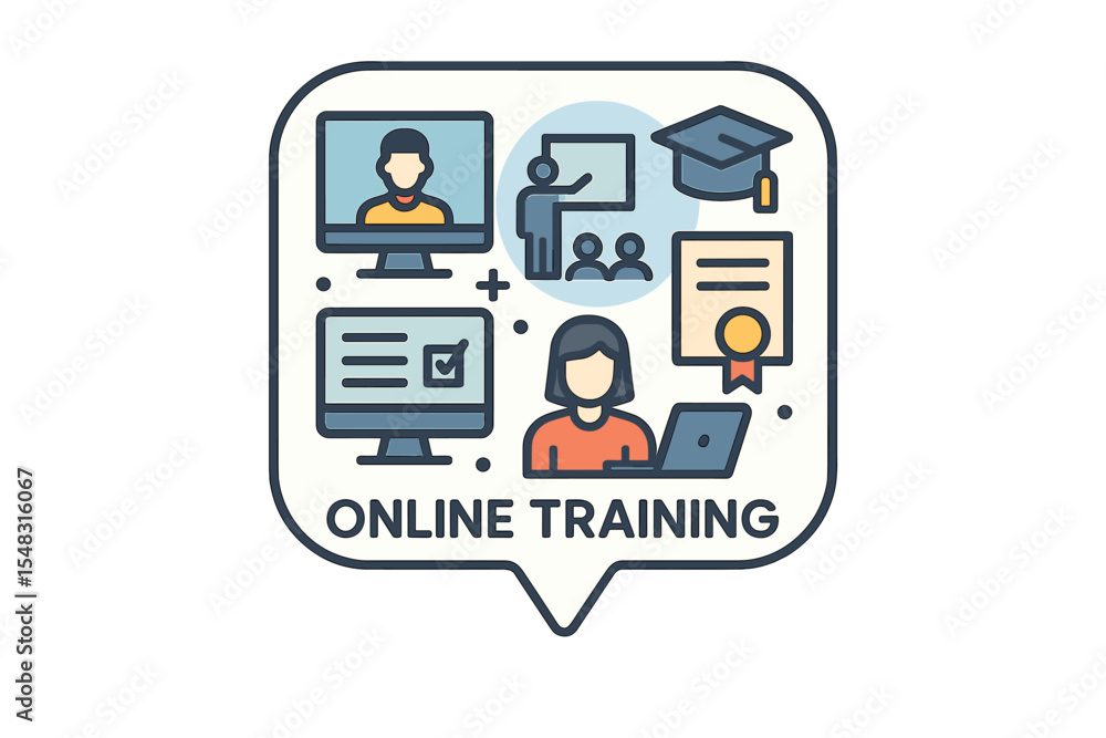 Vector illustration concept of an online training banner featuring icons for education, seminars, online courses, online tests, online classes, workshops, graduation, and certification Vector illustration concept of an online training banner featuring icons for education, seminars, online courses, online tests, online classes, workshops, graduation, and certification