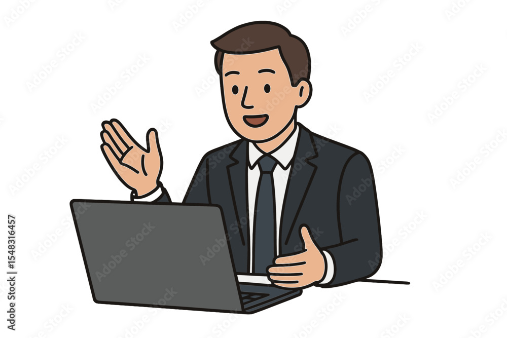 Entrepreneur engaging in virtual discussion on laptop for remote video conference, online job interview, digital learning or web-based meeting concept vector Entrepreneur engaging in virtual discussion on laptop for remote video conference, online job interview, digital learning or web-based meeting concept vector