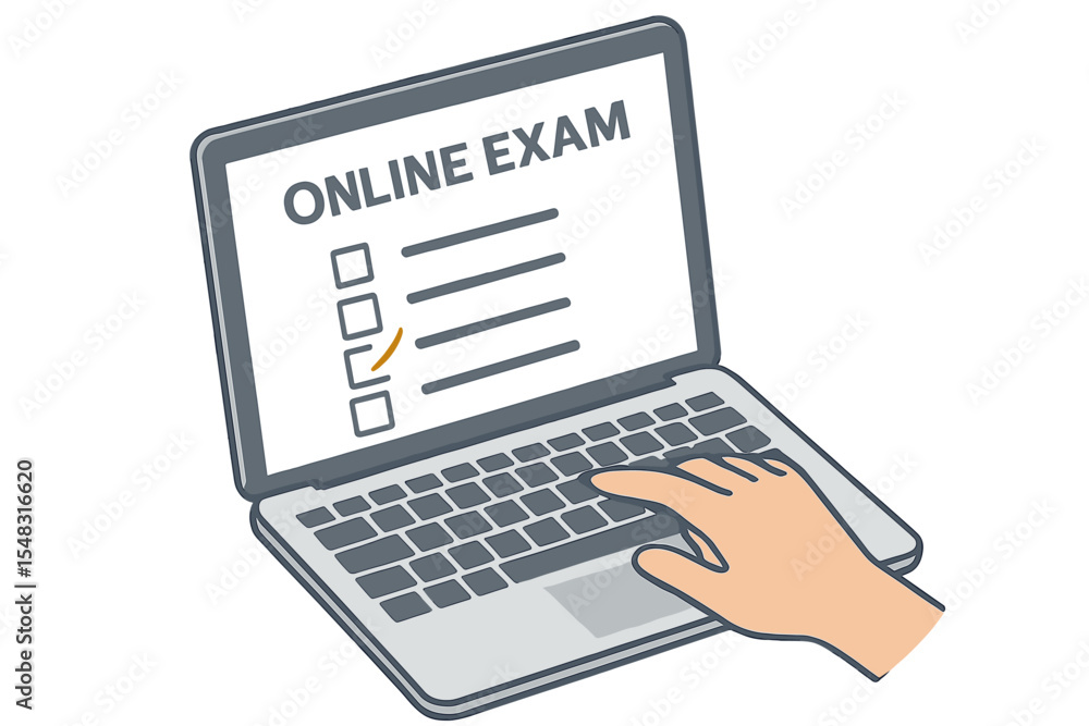 The concept of an online exam platform is depicted with a laptop, featuring the ability to choose answers for tests, presented as a flat isometric vector illustration on a white background The concept of an online exam platform is depicted with a laptop, featuring the ability to choose answers for tests, presented as a flat isometric vector illustration on a white background