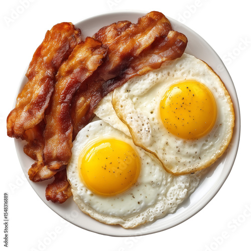 Delicious breakfast plate with crispy bacon and sunny side up fried eggs isolated on transparent background