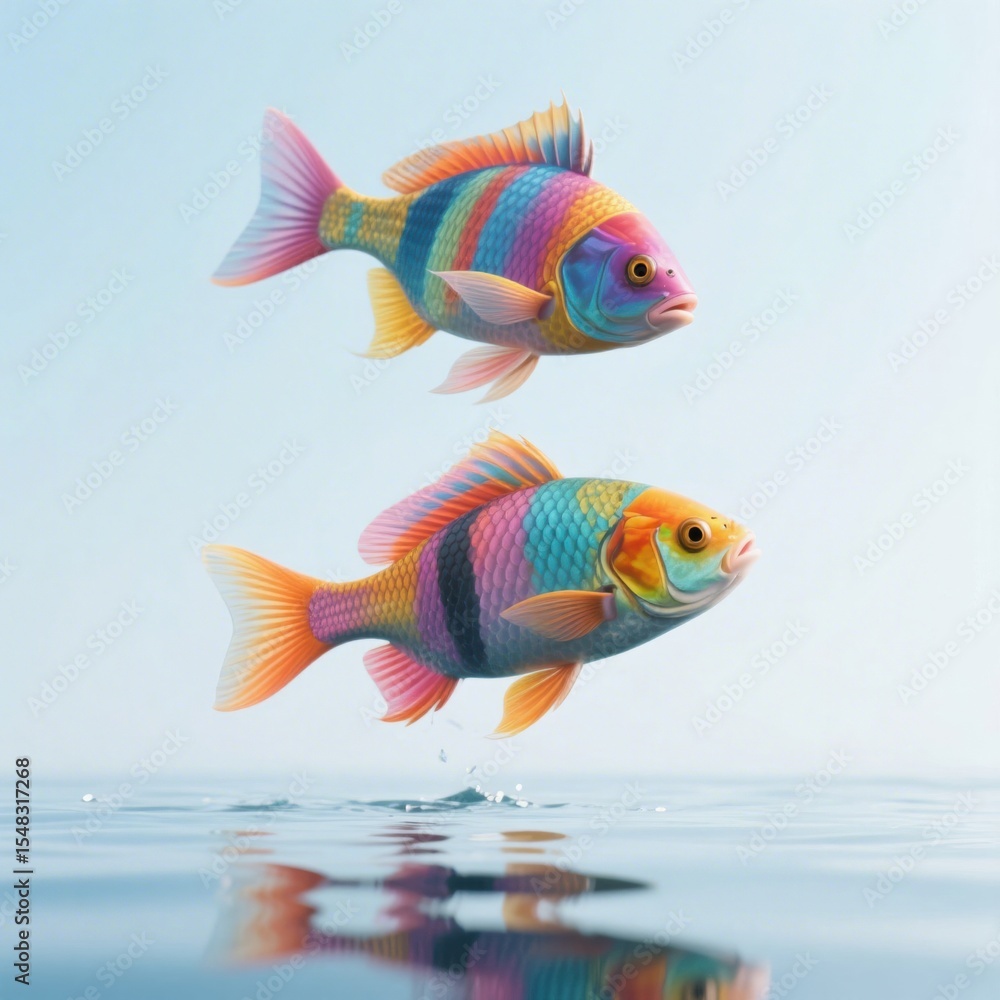 Fototapeta premium Two colorful rainbow fishes jumping out of clear blue water, creating a splash against a bright sky background .