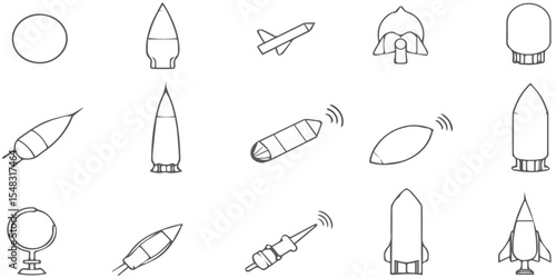 Black outline of icon set relatet to nuclear weapon with extra resourse, abstract background with line art modern tecnology nuclear war weapon.