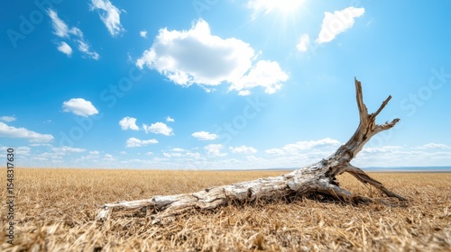 A solitary weathered log resting on an expansive dry field under a vast blue sky, emphasizing themes of desolation and the raw beauty of natural landscapes.