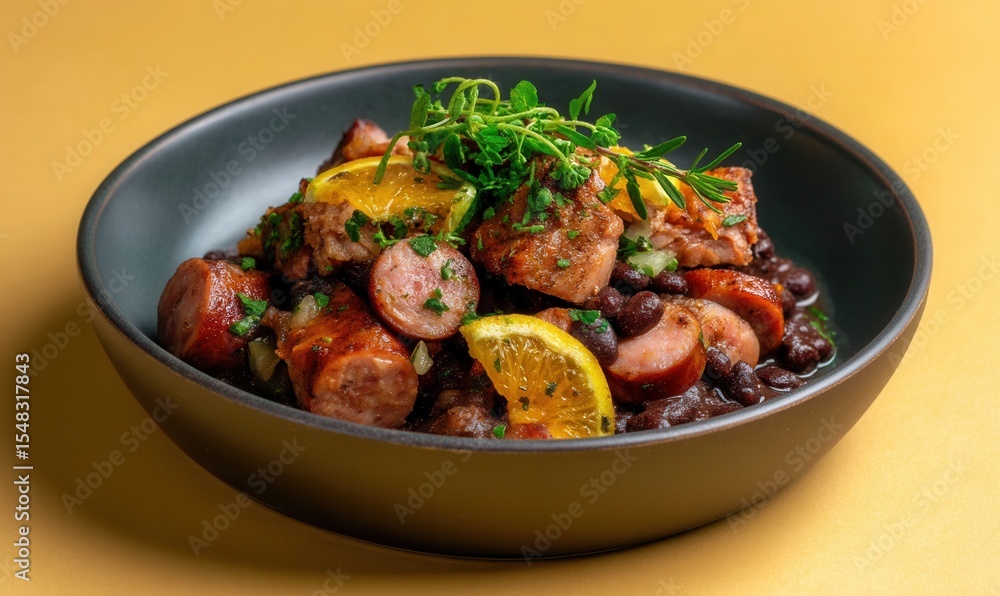 Fototapeta premium Delicious feijoada featuring black beans and pork served elegantly on a charcoal plate with vibrant orange slices in a bright setting