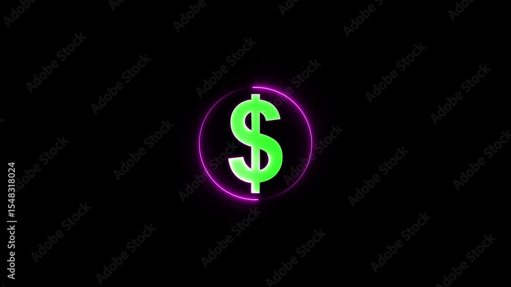 Glowing neon dollar icon animation and neon circle rotation background. Glowing neon dollar icon animation and neon circle rotation background.