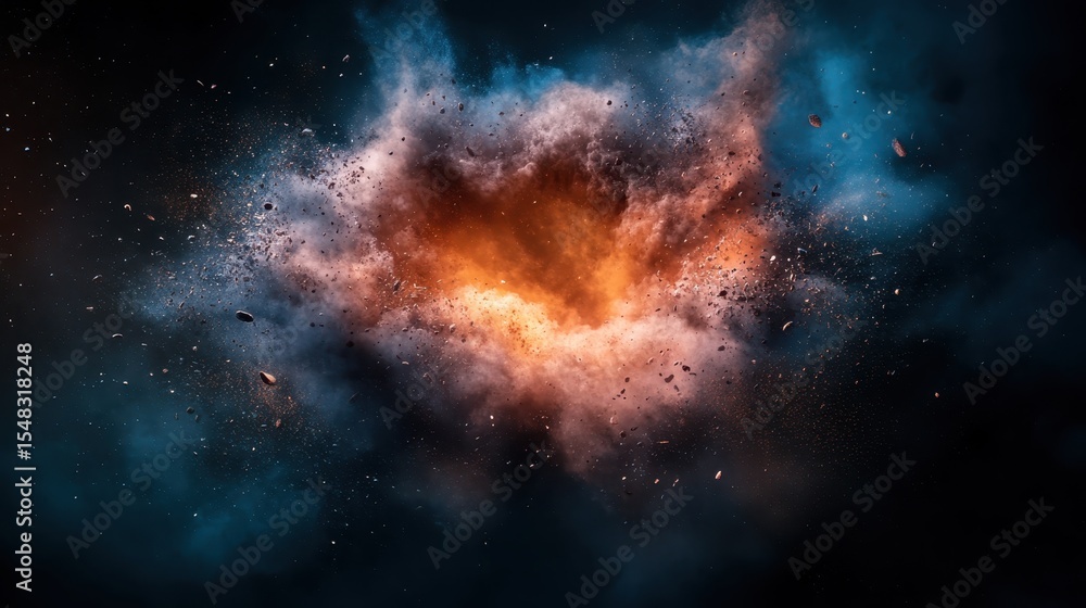 Naklejka premium A dramatic explosion of colors and textures illustrates the beauty of cosmic phenomena, showcasing energy and chaos in the vastness of space in a mesmerizing way.