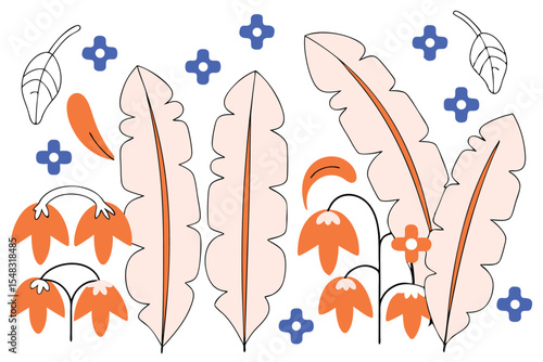 Cartoon bananas seamless from right to left pattern. Vector banana leaves, bunch of bananas. Vector illustration. 