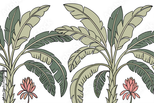 Cartoon bananas seamless from right to left pattern. Vector banana leaves, bunch of bananas. Vector illustration. 