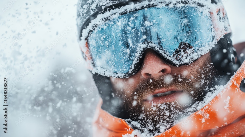 Fototapeta premium This dynamic image captures a snowboarder braving a fierce snowstorm, with swirling snowflakes creating an exhilarating atmosphere of adventure and winter sports excitement.