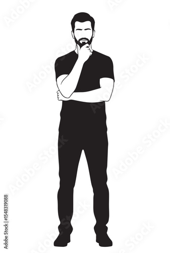 Flat black silhouette of man standing full body, front view, holding chin in thoughtful pose, thinking gesture on white background PNG
