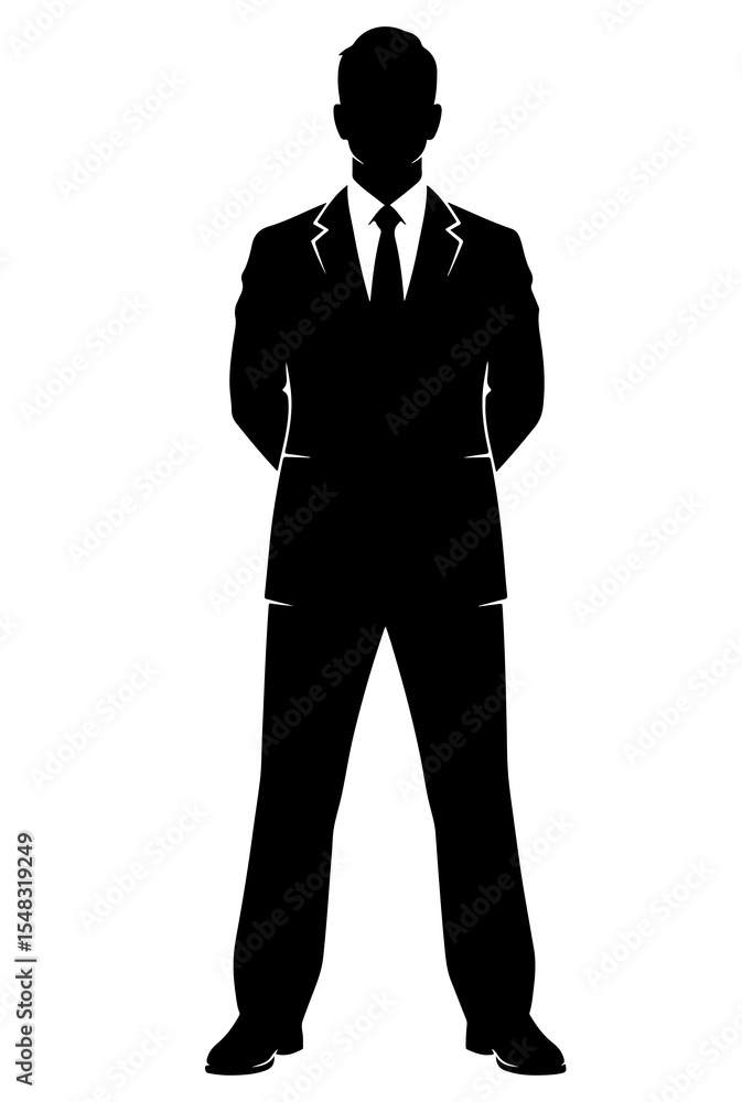 Flat black silhouette of corporate business man in suit, standing full body, arms behind back, front view on white background PNG Flat black silhouette of corporate business man in suit, standing full body, arms behind back, front view on white background PNG