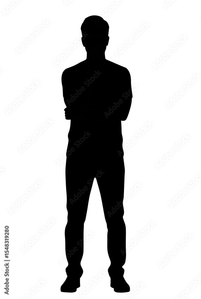 Flat black silhouette of man standing full body, front view, holding chin in thoughtful pose, thinking gesture on white background PNG Flat black silhouette of man standing full body, front view, holding chin in thoughtful pose, thinking gesture on white background PNG