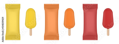 Set of yellow, orange and red flow packs. Popsicle ice cream wrapper. Foil bag. Realistic vector mockup