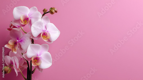 The top view of an orchid flower on a pink background offers a minimalist flat lay with text space.

