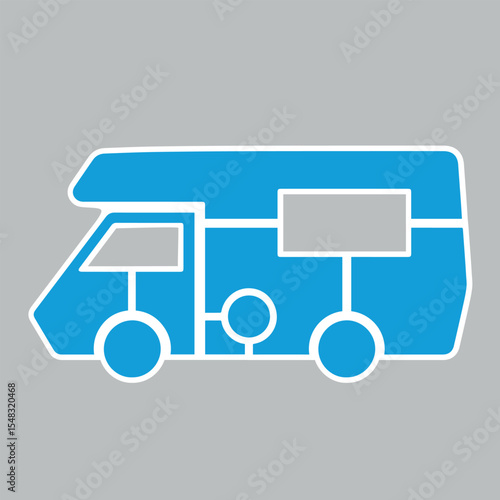 Blue Vector Icon sticker of the motorhome Vector monochrome illustration of a camper van icon isolated on white background