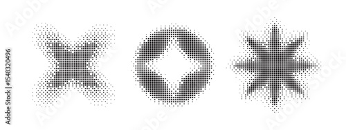 Set of black abstract halftone pixelated shapes for creative design elements isolated on white background vector illustration