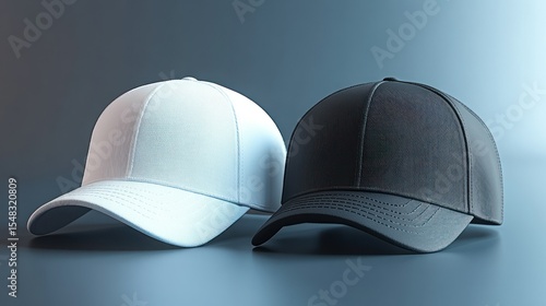 Two blank baseball caps, white and black, on a dark background
