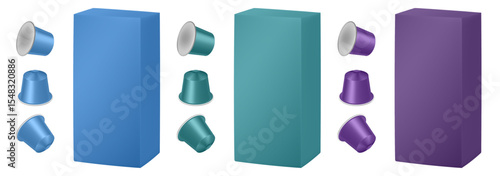 Set of teal green, blue and purple coffee capsules and cardboard packaging. Realistic packaging mockup of a box