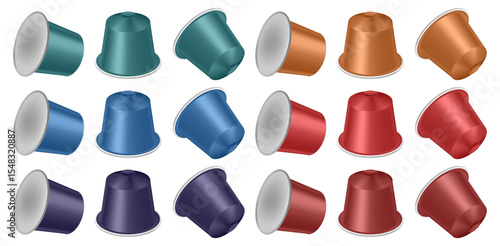 Set of teal, blue, purple, bronze, red and brown coffee capsules. Realistic packaging mockup.	