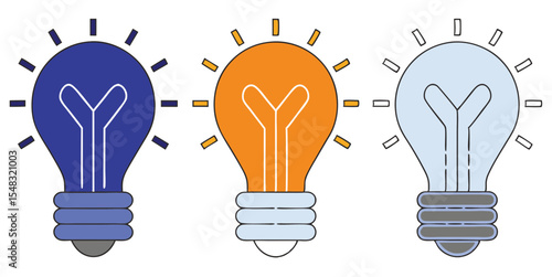 Set of Three Glowing Light Bulbs Symbolizing Innovation, Ideas, and Creative Problem Solving