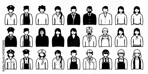 Diverse Collection of Occupation Avatars and Professional People Icons in a Simple Line Art Style