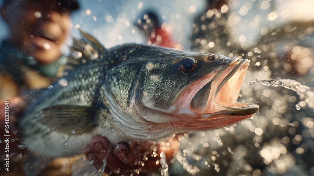 A close-up shot captures a large, freshly caught seabass fish being held by an angler A close-up shot captures a large, freshly caught seabass fish being held by an angler