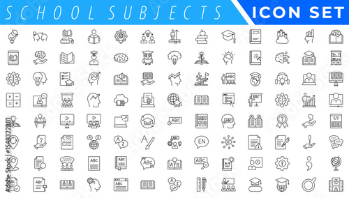  Outline icons related to school subjects. Linear icon collection. Editable stroke. Vector illustration