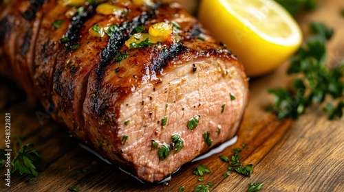 A perfectly grilled piece of meat, beautifully garnished with herbs and a slice of lemon, symbolizes culinary art that combines flavor, presentation, and incomparable taste experience.