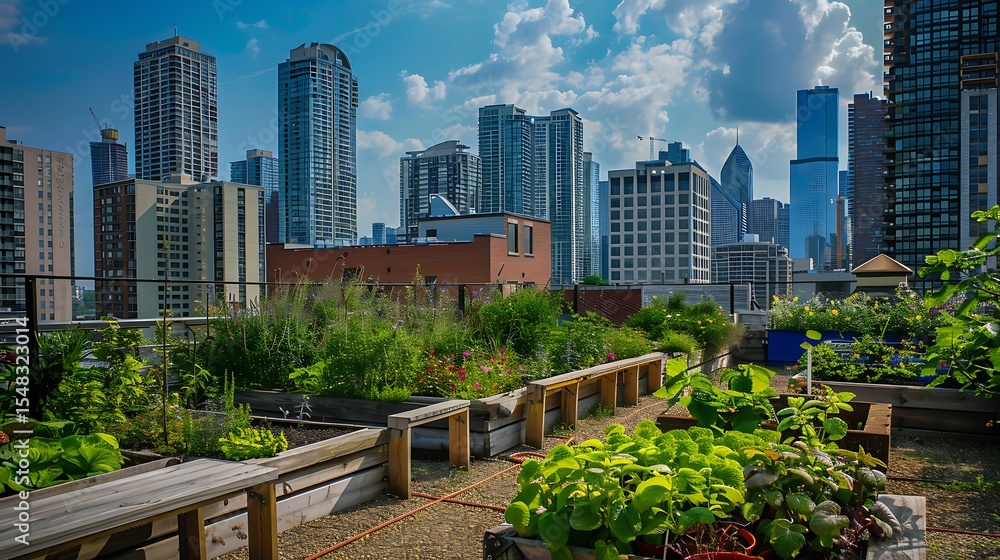 Fototapeta premium A rooftop garden with raised beds and lush greenery against a backdrop of city skyscrapers and blue sky .