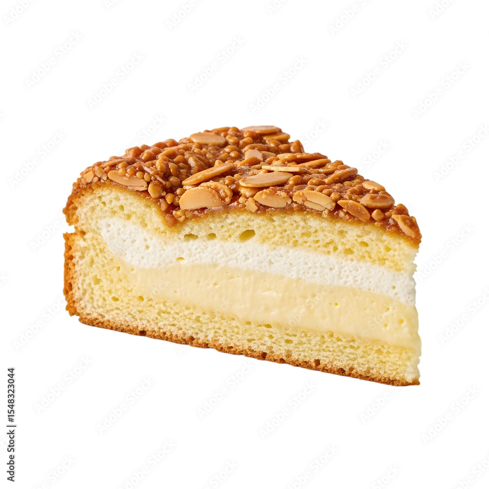 A sweet slice of traditional German Bienenstich, or Bee Sting Cake, with an almond topping on isolated transparent background, a classic coffee cake. A sweet slice of traditional German Bienenstich, or Bee Sting Cake, with an almond topping on isolated transparent background, a classic coffee cake.