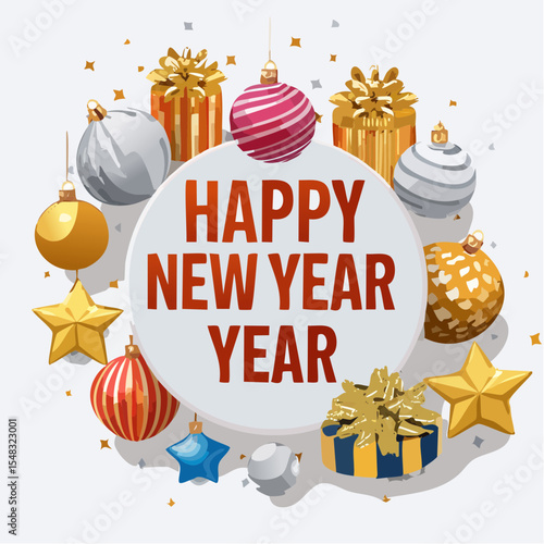 Festive Vector Illustration of a Happy New Year Celebration with Colorful Fireworks, Shiny Confetti, Sparkling Text, Balloons, xmas elements and Golden Lights with white background