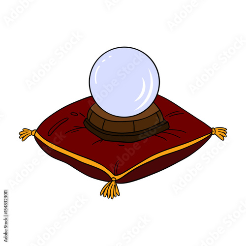 Magical crystal ball on red pillow. Spiritual amulet mystical good luck charm gem. Outline art magic element collection 