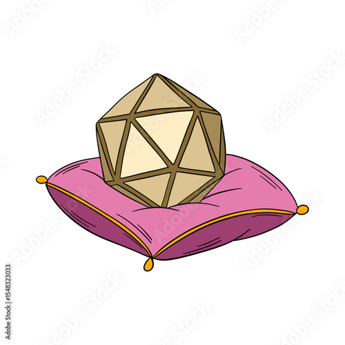 Gold magical crystal on pink pillow. Spiritual amulet mystical good luck charm gem. Outline art magic element collection 